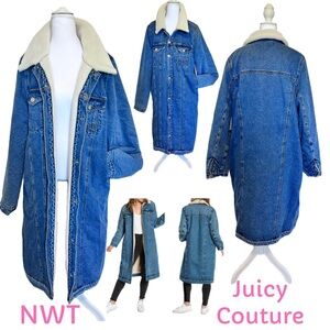NWT Juicy Couture Trucker 100 Cotton Denim Long Coat Sherpa Polyester Lining XXL